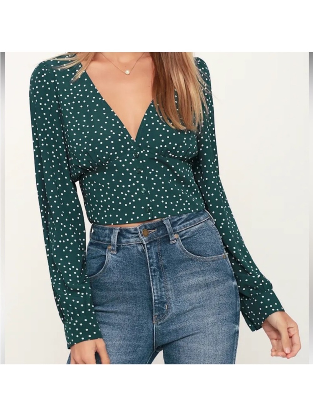 Lulus Love Always Forest Green Polka Dot Long Sleeve Crop Top